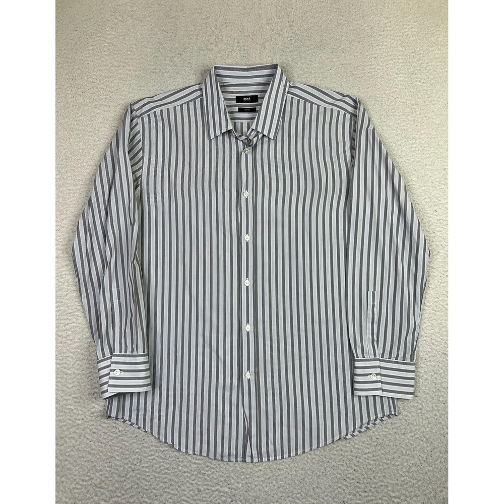BOSS Hugo Boss Shirt Mens XL Gray Stripe Slim Fit Button Front‎ Dress Casual